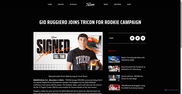 Security scan screenshot of https://tricongarage.com/blog/gio-ruggiero-joins-tricon-for-rookie-campaign/