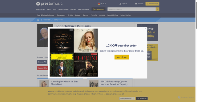 Security scan screenshot of https://www.prestomusic.com/classical/composers/2184--williams-john?srsltid=AfmBOormDqvV0n6q_qhBYYHzcNIUu1JZ-Lrv6oP-TpZoz5_EV554LQA6