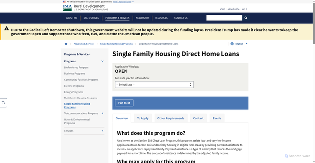 Security scan screenshot of https://www.rd.usda.gov/programs-services/single-family-housing-programs/single-family-housing-direct-home-loans