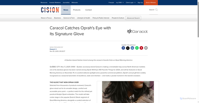 Security scan screenshot of https://www.newswire.ca/news-releases/caracol-catches-oprah-s-eye-with-its-signature-glove-858573713.html