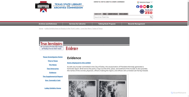 Security scan screenshot of http://www.tsl.texas.gov/lobbyexhibits/jfk-evidence