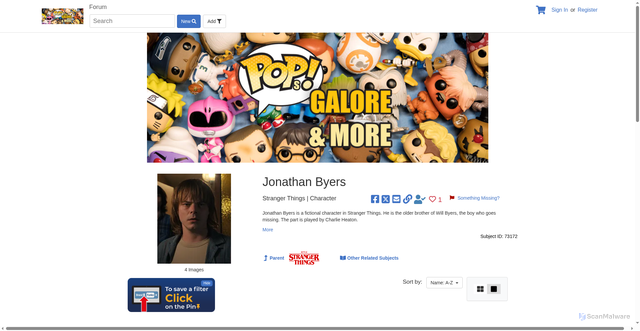 Security scan screenshot of https://www.hobbydb.com/marketplaces/popsgaloreandmore/subjects/jonathan-byers-character