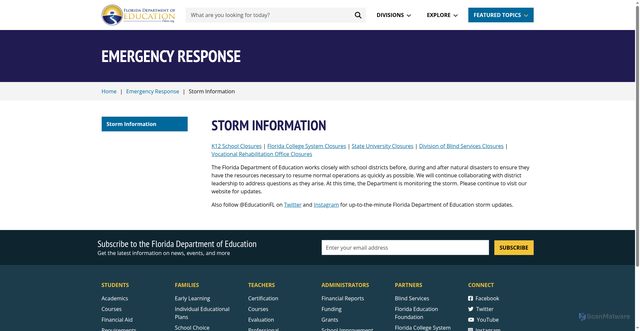 Security scan screenshot of https://www.fldoe.org/em-response/storm-info.stml