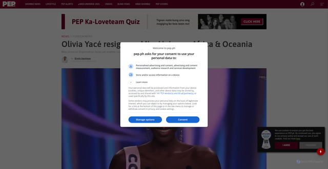 Security scan screenshot of https://www.pep.ph/news/foreign/189818/olivia-yace-resigns-as-miss-universe-africa-oceania-a712-20251124