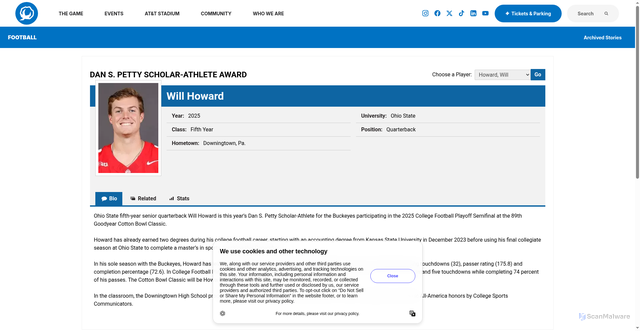 Security scan screenshot of https://cottonbowl.com/sports/football/roster/will-howard/539