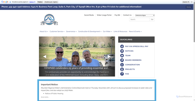 Security scan screenshot of https://www.mtnregionalwaterutah.gov/