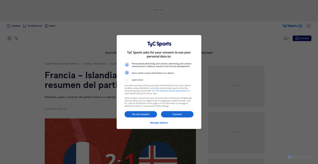 Security scan screenshot of https://www.tycsports.com/eliminatorias-eurocopa/uefa-eliminatorias-mundial-2026-francia-vs-islandia-grupo-d-fecha-2-id684560.html