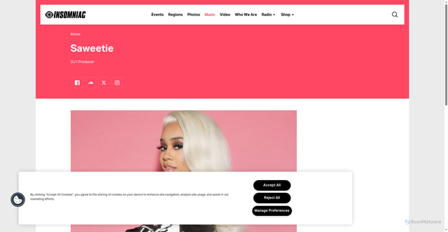 Security scan screenshot of https://www.insomniac.com/music/artists/saweetie/