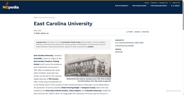 Security scan screenshot of https://www.ncpedia.org/east-carolina-university