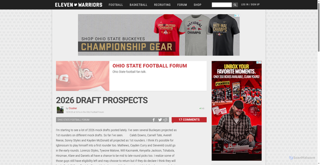 Security scan screenshot of https://www.elevenwarriors.com/forum/ohio-state-football/2025/10/158552/2026-draft-prospects