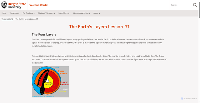 Security scan screenshot of https://volcano.oregonstate.edu/earths-layers-lesson-1