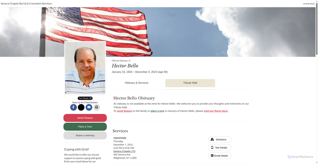 Security scan screenshot of https://www.senecachapelsltd.com/obituary/Hector-Bello