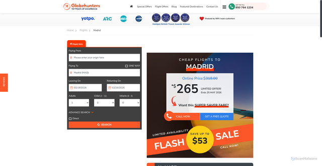 Security scan screenshot of https://www.globehunters.us/madrid/flights.htm