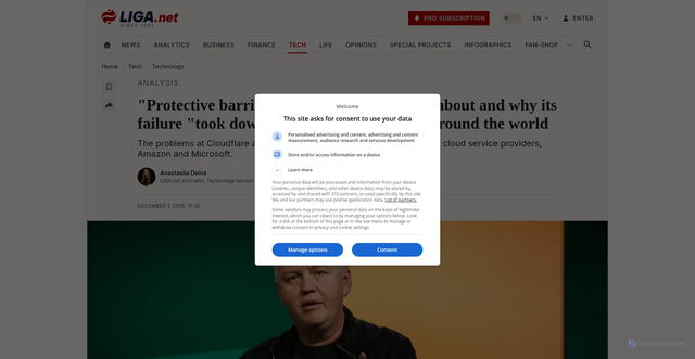 Security scan screenshot of https://tech.liga.net/en/technology/article/protective-barrier-how-cloudflare-came-about-and-why-its-failure-took-down-thousands-of-websites-around-the-world