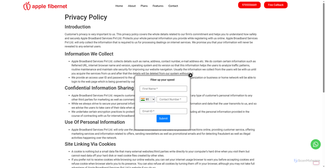 Security scan screenshot of https://applefibernet.com/privacy-policy/