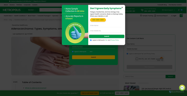 Security scan screenshot of https://www.metropolisindia.com/blog/preventive-healthcare/adenocarcinoma-causes-types-symptoms-treatment
