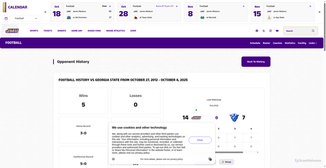 Security scan screenshot of https://jmusports.com/sports/football/opponent-history/georgia-state/81