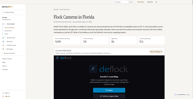 Security scan screenshot of https://mytownview.com/florida/community/flock-cameras