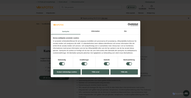 Security scan screenshot of https://www.kronansapotek.se/kundklubb/login/Copyright