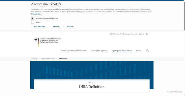 Security scan screenshot of https://www.antisemitismusbeauftragter.de/Webs/BAS/EN/fight-against-antisemitism/ihra-definition/ihra-definition-node.html