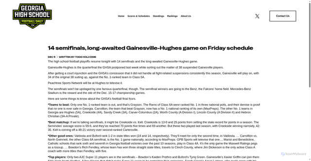 Security scan screenshot of https://www.georgiahighschoolfootballdaily.com/main-news/14-semifinals-long-awaited-gainesville-hughes-game-on-friday-schedule-2025