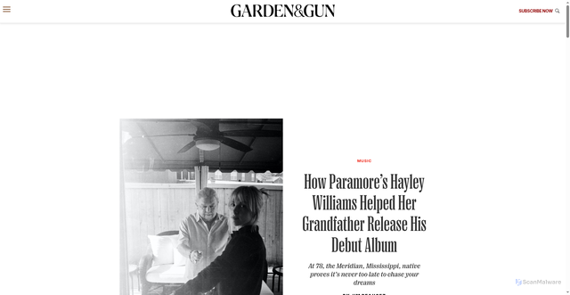 Security scan screenshot of https://gardenandgun.com/articles/how-paramores-hayley-williams-helped-her-grandfather-release-his-debut-album/