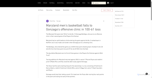 Security scan screenshot of https://www.insidetheblackandgold.net/post/maryland-men-s-basketball-falls-to-gonzaga-s-offensive-clinic-in-100-61-loss