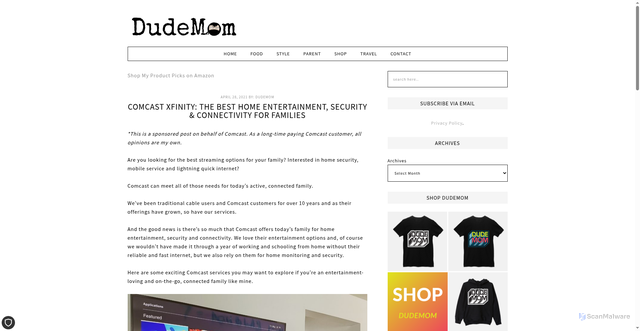 Security scan screenshot of https://dudemom.com/comcast-xfinity-the-best-home-entertainment-security-connectivity-for-families/