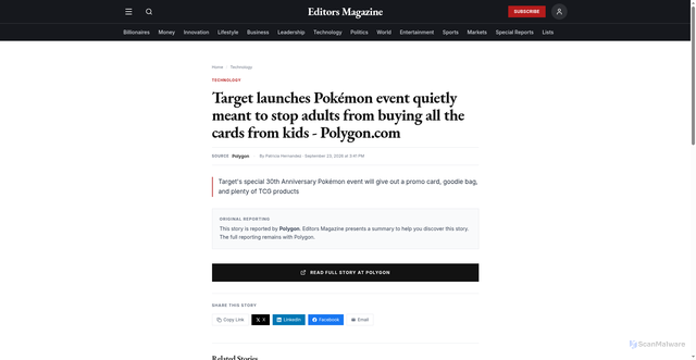 Security scan screenshot of https://editorsmagazine.com/technology/target-launches-pok-mon-event-quietly-meant-to-stop-adults-f-polygon-9066