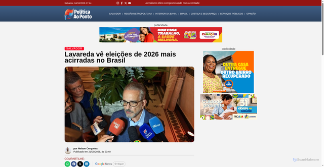 Security scan screenshot of https://politicaaoponto.com.br/lavareda-ve-eleicoes-de-2026-mais-acirradas-no-brasil/