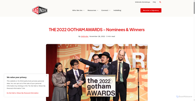 Security scan screenshot of https://www.sagindie.org/event-coverage/2022-gotham-awards/