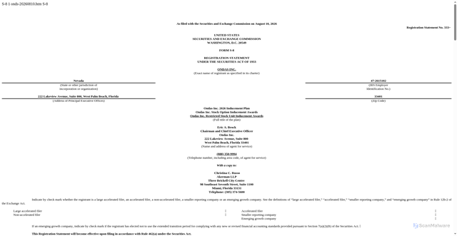 Security scan screenshot of https://cdn.yahoofinance.com/prod/sec-filings/0001646188/000119312526341380/onds-20260810.htm