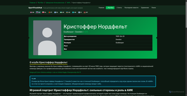 Security scan screenshot of https://affiliatetrackingplatforms.com/football/swedish-allsvenskan/aik/kristoffer-nordfeldt/