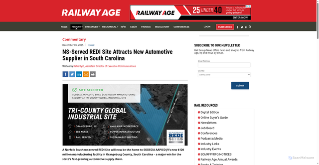 Security scan screenshot of https://www.railwayage.com/freight/class-i/ns-served-redi-site-attracts-new-automotive-supplier-in-south-carolina/