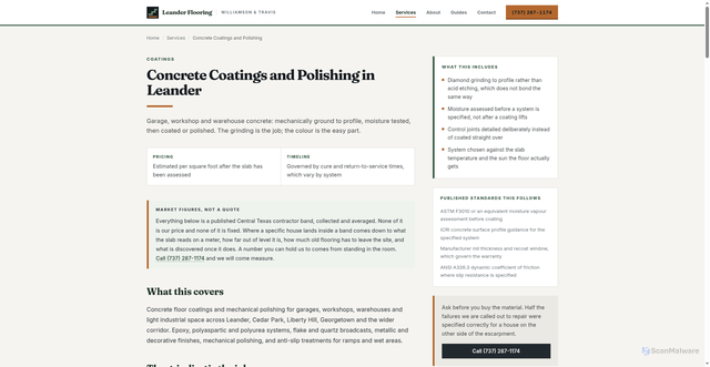 Security scan screenshot of http://leanderflooring.com/services/concrete-coatings-and-polishing/