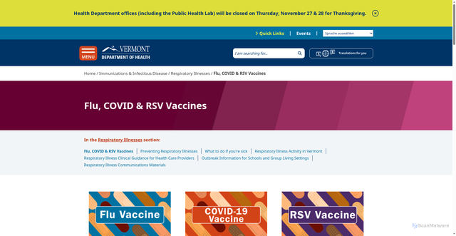 Security scan screenshot of https://www.healthvermont.gov/disease-control/respiratory-illnesses/flu-covid-rsv-vaccines