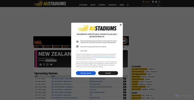 Security scan screenshot of https://www.austadiums.com/sport/teams/new-zealand-breakers