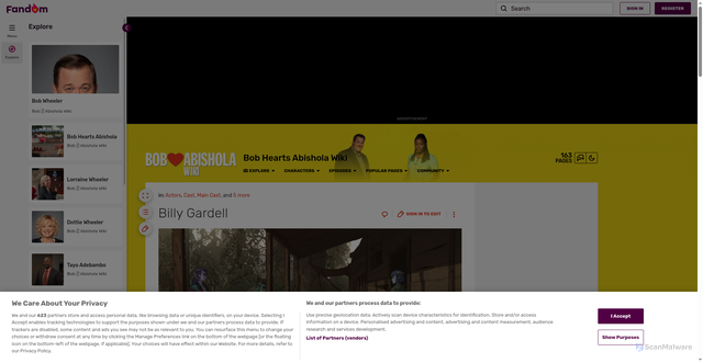 Security scan screenshot of https://bobheartsabishola.fandom.com/wiki/Billy_Gardell