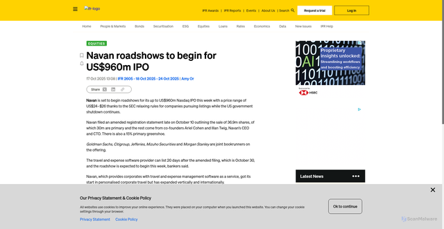 Security scan screenshot of https://www.ifre.com/equities/2328067/navan-roadshows-to-begin-for-us960m-ipo