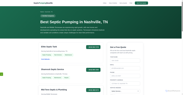 Security scan screenshot of https://findsepticpumping.pages.dev/nashville-tn.html