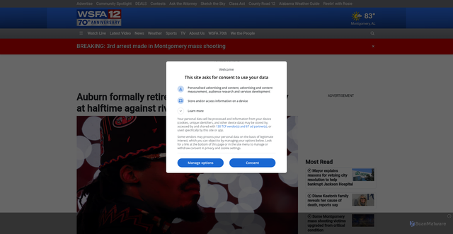 Security scan screenshot of https://www.wsfa.com/2025/10/12/auburn-formally-retires-cam-newtons-no-2-jersey-halftime-against-rival-georgia/