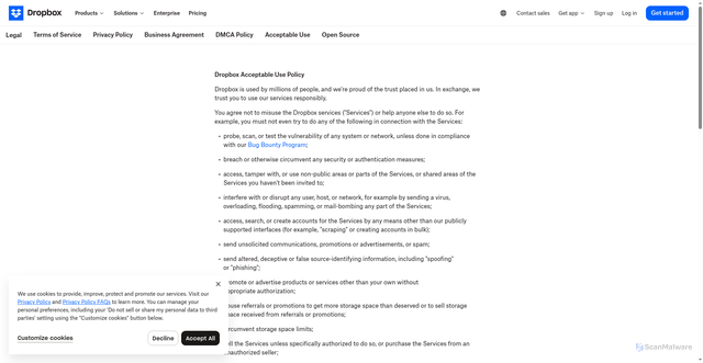 Security scan screenshot of https://www.dropbox.com/terms2026