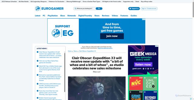 Security scan screenshot of https://www.eurogamer.net/clair-obscur-expedition-33-will-receive-new-update-with-a-bit-of-whee-and-a-bit-of-whoo-as-studio-celebrates-new-sales-milestone