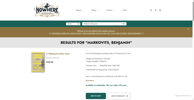 Security scan screenshot of https://nowherebookshop.com/search?type=author&q=Markovits%2C+Benjamin&srsltid=AfmBOooL1Q-Rf6O_O2kkAmhqpA6EG34Z5iyS4JI5aUd6Lu8mm9zyNuM_