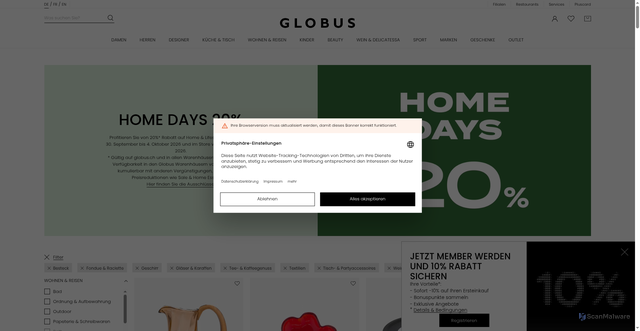 Security scan screenshot of https://www.globus.ch/home-days?kueche___tisch=7a08afa1-636e-41a2-9ea6-2766395ae9f7,08f6e60f-ad42-4860-9e06-0fc2b9cf47a9,ecf4c19d-d4d2-46a3-842f-741121405d4f,a8158301-c9a6-4910-97ab-774b8163e916,93495605-e07c-456c-a554-448972d7017c,5253b915-6742-4627-a54d-2c74c0f955a0,d5492347-7e0d-4e68-95b8-9277d1179156,d36c8ba0-d21e-42c4-9bb7-acbf16178d2f&sc_src=email_4308437&sc_lid=296620474&sc_uid=zP3R20i424&sc_llid=224802&sc_customer=0327f37c9208167d9b0b5fb90d68e28589aef0066bddedd98d9d5328a5adbcbc&utm_source=newsletter_de&utm_medium=email&utm_campaign=20260930_prom_homedays_start_DE_4308437&guid=0327f37c9208167d9b0b5fb90d68e28589aef0066bddedd98d9d5328a5adbcbc&utm_content=