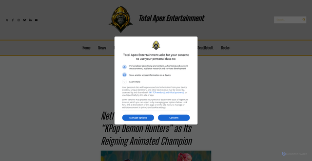 Security scan screenshot of https://totalapexentertainment.com/streaming/netflix-k-pop-demon-hunters/