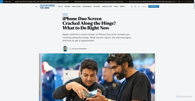 Security scan screenshot of https://www.techbetweenthelines.com/iphone-duo-screen-cracked-hinge-what-to-do/
