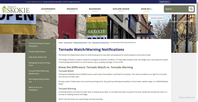 Security scan screenshot of https://www.skokie.org/1494/Tornado-WatchWarning-Notifications