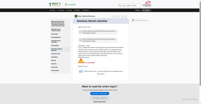 Security scan screenshot of https://www.tabers.com/tabersonline/view/Tabers-Dictionary/730089/0/benzene_benzin_benzine?q=d