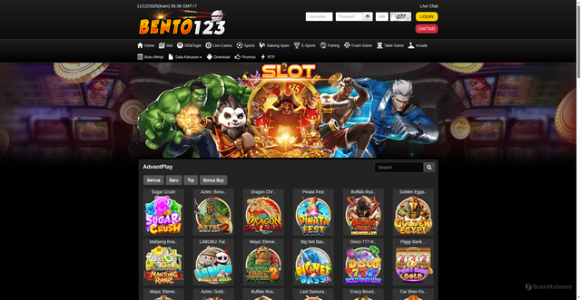 Security scan screenshot of https://noindexpakbento123.lol/desktop/game/slot/advantplay